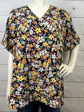 Emily Wonder Black Floral V-Neck Flutter Sleeve Blouse - Size 1X